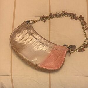 Chic Pink and Tan Croc-Embossed Shoulder Bag
